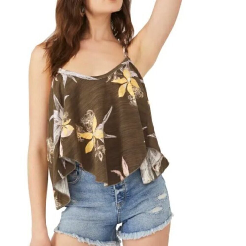 Free People Hey Girl Floral Cotton Tank Top Green Size XS NWOT